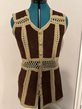 Vintage Brown Suede Crochet-Trim Vest